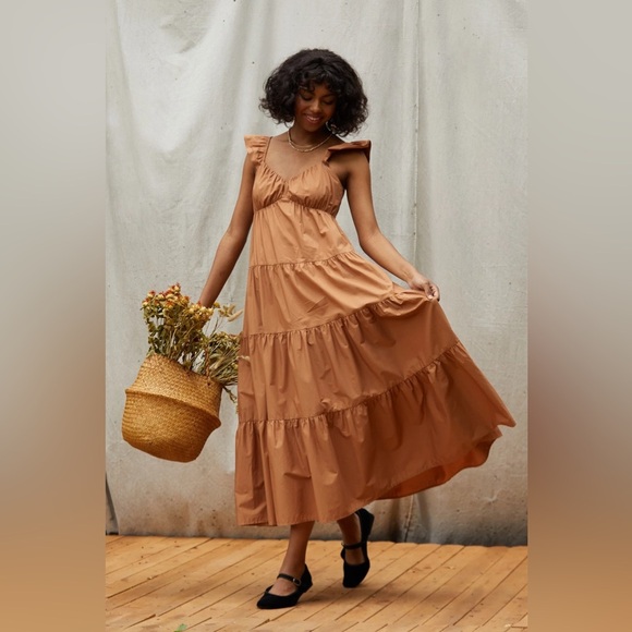 Skies are Blue Diana Poplin Tiered Ruffle Maxi Dress Tuscan Tan Size Medium - Picture 1 of 14